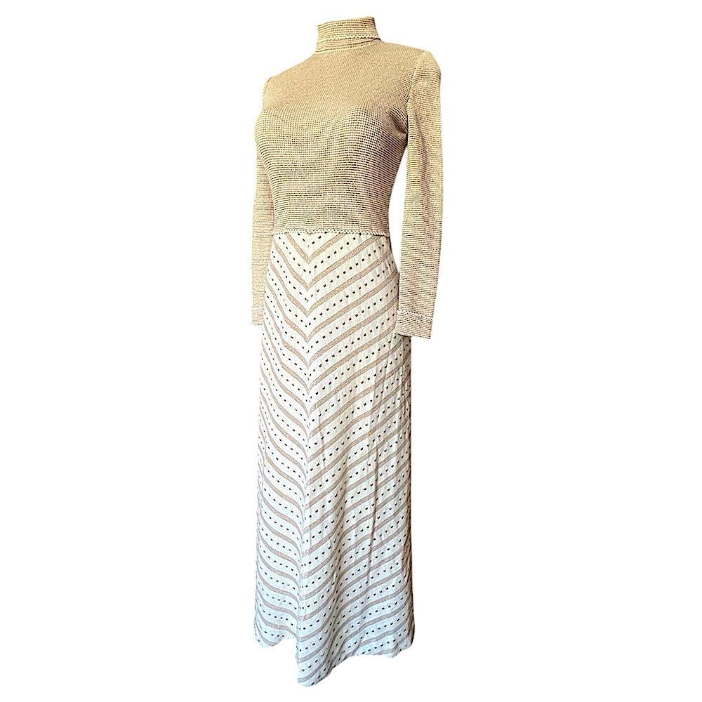 Vintage Robert W. Gates Cream and Gold Long Sleeve Turtleneck Dress Maxi Dress